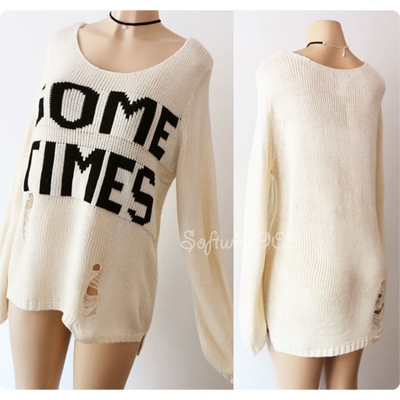 Last☝️Cream Black SOMETIMES Distress Long Sweater - Picture 6 of 8